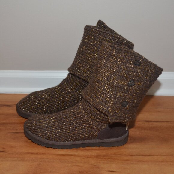 Ugg Classic Cardy Women's Brown Metallic Button knit Sweater Boots Size 9 - Picture 6 of 13